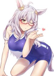 Rule 34 | 1girl, all fours, animal ears, bare arms, bare shoulders, biwa hayahide (umamusume), blowing kiss, blue one-piece swimsuit, blush, breasts, exren, glasses, hair ornament, head tilt, heart, highres, horse ears, horse girl, large breasts, long hair, looking at viewer, one-piece swimsuit, one eye closed, parted lips, silver hair, simple background, solo, swimsuit, thighs, umamusume, white background, yellow eyes