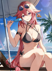 Rule 34 | 1girl, animal ears, arm strap, bare shoulders, beach umbrella, bikini, black bikini, blue sky, blush, breasts, cloud, commentary request, day, eyewear on head, feet out of frame, food, fox ears, genshin impact, hair between eyes, hand up, highres, holding, holding food, large breasts, long hair, looking at viewer, miyanami 3, navel, pink hair, popsicle, purple eyes, sitting, sky, smile, solo, stomach, sunglasses, swimsuit, thighs, umbrella, very long hair, yae miko