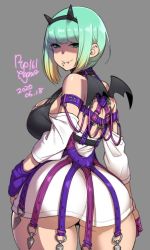 Rule 34 | 1girl, 2020, agawa ryou, ass, asymmetrical gloves, bare shoulders, blonde hair, breasts, commentary, dated, fangs, gloves, gradient hair, green eyes, green hair, grey background, hairband, large breasts, looking at viewer, looking back, multicolored hair, original, short hair, signature, simple background, solo, thick thighs, thighs, uneven gloves