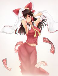 Rule 34 | 1girl, armpits, arms up, black hair, bow, breasts, chromatic aberration, cowboy shot, detached sleeves, hair bow, hair tubes, hakurei reimu, highres, joker (stjoker), large breasts, long hair, long sleeves, looking at viewer, navel, no bra, nontraditional miko, ofuda, parted lips, red bow, red eyes, red shirt, red skirt, ribbon-trimmed sleeves, ribbon trim, shirt, sidelocks, skirt, skirt set, sleeveless, sleeveless shirt, solo, touhou, wide sleeves