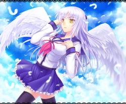 Rule 34 | 10s, 1girl, alternate breast size, alternate costume, angel beats!, angel wings, black thighhighs, breasts, clothes lift, cloud, feathers, highres, large breasts, long hair, open mouth, school uniform, serafuku, silver hair, skirt, skirt lift, sky, solo, tenshi (angel beats!), thighhighs, wind, wind lift, wings, yaoto, yellow eyes