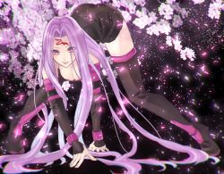 Rule 34 | 1girl, absurdly long hair, all fours, bad id, bad pixiv id, black dress, black footwear, boots, breasts, cleavage, detached sleeves, dress, fate/stay night, fate (series), flower, full body, highres, long hair, medium breasts, medusa (fate), medusa (rider) (fate), pink lips, purple eyes, purple hair, short dress, sleeveless, sleeveless dress, smile, solo, strapless, strapless dress, thigh boots, thighhighs, very long hair, white flower, zettai ryouiki
