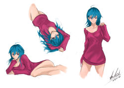 Rule 34 | 00s, 1girl, 2009, ahoge, bad id, bad pixiv id, blue hair, bottomless, breasts, character request, cleavage, lying, off shoulder, original, purple eyes, signature, small breasts, ying mao