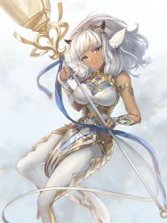 Rule 34 | 1girl, absurdres, animal ears, ash (fire emblem), black horns, breasts, brown eyes, choker, cow ears, cow horns, dark-skinned female, dark skin, earrings, feh xeri, female focus, fire emblem, fire emblem heroes, gold trim, highres, holding, holding staff, horns, jewelry, large breasts, nintendo, pants, pelvic curtain, piercing, silver hair, solo, staff, tight clothes, tight pants