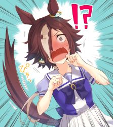 Rule 34 | !?, 1girl, @ @, animal ears, blush, bow, bowtie, brown hair, emphasis lines, full-face blush, hair over one eye, horse ears, horse girl, horse tail, horseshoe ornament, kotobuki (momoko factory), looking at viewer, multicolored hair, open mouth, pleated skirt, puffy short sleeves, puffy sleeves, purple shirt, sailor collar, sailor shirt, school uniform, shirt, short sleeves, skirt, solo, summer uniform, tail, tracen school uniform, twitter username, two-tone hair, umamusume, upper body, v-shaped eyebrows, vodka (umamusume), wavy mouth, white hair, white skirt