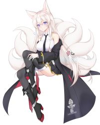 Rule 34 | 1girl, animal ears, ass, azur lane, black thighhighs, blue eyes, coat, commentary request, enterprise (azur lane), facial mark, fox ears, fox girl, fox tail, kemonomimi mode, kitsune, kyuubi, long hair, looking at viewer, multiple tails, necktie, off-shoulder coat, off shoulder, pleated skirt, pong (vndn124), signature, simple background, sitting, skirt, solo, tail, thighhighs, whisker markings, white background, white hair, zettai ryouiki