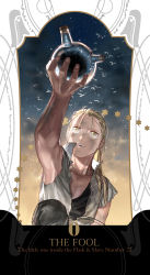 Rule 34 | 1boy, arm up, black shirt, blonde hair, character name, commentary, dirty, dirty clothes, dirty face, emmmerald, expressionless, fingernails, fullmetal alchemist, highres, long hair, looking up, male focus, open mouth, pants, ponytail, shirt, sleeveless, spoilers, tarot, tarot (medium), text focus, the fool (tarot), van hohenheim, white shirt, yellow eyes