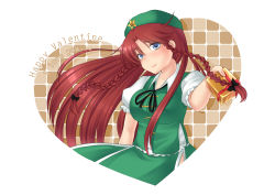 Rule 34 | 1girl, beret, blue eyes, braid, checkered background, english text, female focus, gift, happy valentine, hat, heart, hirasawa yuu, hong meiling, long hair, parted bangs, puffy short sleeves, puffy sleeves, red hair, short sleeves, skirt, skirt set, solo, touhou, twin braids, valentine