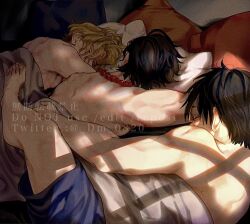 Rule 34 | 3boys, barefoot, bead necklace, beads, bed, bed sheet, black hair, blonde hair, blue shorts, dm 0820, hand on another&#039;s back, jewelry, lying, male focus, messy hair, monkey d. luffy, morning, multiple boys, muscular, muscular male, necklace, on bed, on stomach, one piece, pillow, portgas d. ace, sabo (one piece), short hair, shorts, siblings, sleeping, toenails, toes, topless male, twitter username