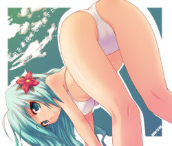 Rule 34 | 1girl, ahoge, all fours, aqua eyes, aqua hair, artist name, ass, bent over, bikini, born-to-die, breasts, cameltoe, cloud, day, dutch angle, flower, framed, from behind, grin, hair flower, hair ornament, image sample, kneepits, long hair, looking at viewer, looking back, medium breasts, original, outdoors, outline, sky, smile, solo, swimsuit, underboob, white bikini