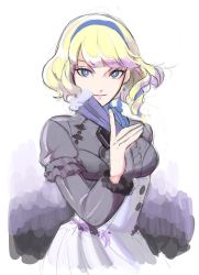 Rule 34 | 1girl, bad id, bad twitter id, blonde hair, blue eyes, blue hairband, closed mouth, constance von nuvelle, fire emblem, fire emblem: three houses, garreg mach monastery uniform, hairband, hand fan, hjay, holding, long sleeves, nintendo, short hair, simple background, solo, uniform, upper body, white background