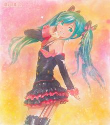 Rule 34 | 1girl, artist name, garter straps, green eyes, green hair, hatsune miku, honey whip (module), long hair, matching hair/eyes, mayo riyo, project diva (series), project diva f, skirt, solo, sweet devil (vocaloid), thighhighs, traditional media, twintails, vocaloid