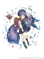 Rule 34 | 1girl, absurdres, anklet, aqua eyes, bag, child, eraser, eyes visible through hair, fins, full body, hat, highres, jewelry, ji no, charm (object), kindergarten bag, loafers, long hair, looking at viewer, ningyo hime (sinoalice), notebook, official art, pencil, petals, purple hair, school hat, school uniform, shoes, sinoalice, solo, square enix, very long hair, water, white background, aged down