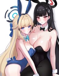 Rule 34 | 2girls, animal ears, black bow, black hair, black leotard, black pantyhose, blonde hair, blue archive, blue bow, blue eyes, blue hair, blue leotard, blush, borii, bow, breasts, detached collar, fake animal ears, fake tail, highres, large breasts, leotard, long hair, looking at viewer, medium breasts, multicolored hair, multiple girls, official alternate costume, open mouth, pantyhose, playboy bunny, rabbit ears, rabbit tail, red eyes, rio (blue archive), simple background, strapless, strapless leotard, streaked hair, tail, toki (blue archive), toki (bunny) (blue archive), white background, wrist cuffs