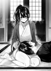 Rule 34 | 1boy, 1girl, absurdres, bare legs, barefoot, blurry, blurry background, blush, breasts, character request, cleavage, collarbone, copyright request, depth of field, eye contact, facing another, greyscale, hetero, highres, japanese clothes, kakao (chocolate land), kimono, lap pillow, looking at another, lying, monochrome, on back, ponytail, sitting, smile, steam, wide sleeves, yokozuwari