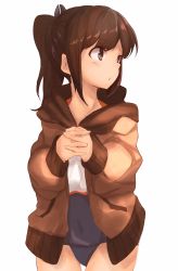 Rule 34 | 10s, 1girl, absurdres, bad id, bad pixiv id, blue one-piece swimsuit, blush, brown coat, brown eyes, brown hair, coat, covered navel, cowboy shot, crop top, eyebrows, highres, i-401 (kancolle), kantai collection, looking afar, looking to the side, one-piece swimsuit, open clothes, open coat, own hands clasped, own hands together, ponytail, ranf, shirt, short hair, simple background, solo, standing, swimsuit, swimsuit under clothes, tareme, thigh gap, white background, white shirt