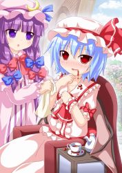 Rule 34 | 2girls, :o, arch, ascot, bat wings, blood, blood on clothes, blood on face, blue hair, blue sky, blush, bow, chair, cloud, crescent, crescent hair ornament, cup, day, dress, fang, forest, hair bow, hair ornament, hand on own chest, hand on own chin, hat, hat ribbon, kagerou (kers), kers, long hair, long sleeves, looking at another, looking at viewer, mob cap, multiple girls, nature, open mouth, patchouli knowledge, purple eyes, purple hair, red eyes, remilia scarlet, ribbon, robe, saucer, short hair, short sleeves, sidelocks, sitting, skirt, skirt set, sky, striped clothes, striped dress, table, teacup, teapot, touhou, towel, wings, wrist cuffs