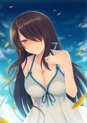 Rule 34 | 1girl, aotsu karin, arm behind back, bad id, bad pixiv id, bare arms, bare shoulders, black hair, blue dress, blue ribbon, blue sky, blush, breasts, cleavage, closed mouth, collarbone, day, dress, hair over one eye, hand on own chest, huge filesize, large breasts, long hair, looking at viewer, nose blush, original, outdoors, petals, purple eyes, ribbon, sky, sleeveless, sleeveless dress, smile, solo, sundress, upper body, very long hair