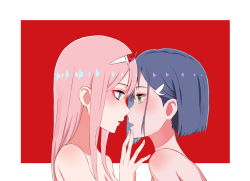Rule 34 | 2girls, artagain, bare shoulders, blue eyes, border, darling in the franxx, eye contact, green eyes, grey hair, highres, ichigo (darling in the franxx), imminent kiss, long hair, looking at another, multiple girls, nude, open mouth, pink hair, portrait, profile, red background, shiny skin, short hair, white border, yuri, zero two (darling in the franxx)