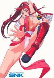 Rule 34 | 1990s (style), absurdres, blush, breast slip, breasts, censored, convenient censoring, fatal fury, hand fan, highres, neo geo, ninja, one breast out, oobari masami, panties, retro artstyle, shiranui mai, snk, the king of fighters, underwear, white panties