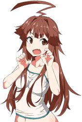 Rule 34 | 10s, 1girl, ahoge, akitetsu, bad id, bad twitter id, brown eyes, brown hair, fang, fang out, highres, huge ahoge, kantai collection, kuma (kancolle), long hair, looking at viewer, navel, open mouth, shirt, short sleeves, solo, tank top, transparent background