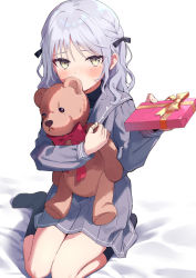 Rule 34 | 1girl, black ribbon, blue skirt, blue sweater, blush, bow, bowtie, box, braid, commentary request, covered mouth, french braid, gift, gift box, hair ribbon, highres, holding, holding box, holding gift, holding stuffed toy, incoming gift, long hair, looking at viewer, no shoes, original, pleated skirt, red bow, red bowtie, ribbon, silver hair, simple background, sitting, skirt, socks, solo, stuffed animal, stuffed toy, sweater, teddy bear, urata asao, valentine, wariza, wavy hair, white background, yellow bow, yellow eyes