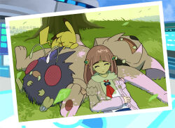 Rule 34 | 1girl, arched bangs, cardigan, collared shirt, commentary request, creatures (company), day, falling leaves, game freak, gen 1 pokemon, gen 2 pokemon, granbull, grass, hair ornament, hairclip, highres, lacey (pokemon), leaf, long sleeves, lying, neckerchief, nintendo, on back, open cardigan, open clothes, outdoors, p 0 a, pikachu, pokemon, pokemon (creature), pokemon sv, purple hair, red neckerchief, shirt, sleeping, tree, venonat, watermark, white shirt