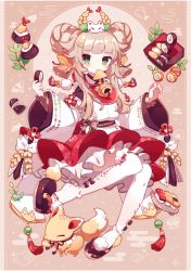 Rule 34 | 1girl, aburaage, artist name, bell, bento, chinese knot, commentary request, cube hair ornament, detached sleeves, egasumi, food, fox, full body, green eyes, hair ornament, hair rings, hands up, highres, holding, holding food, inarizushi, japanese clothes, jingle bell, light brown hair, long hair, long sleeves, looking at viewer, lunchbox, mouth hold, okobo, onigiri, original, pom pom (clothes), red skirt, ribbon-trimmed legwear, ribbon trim, saijo1201, sandals, skirt, smile, solo, soy sauce, sushi, thighhighs, toeless legwear, white thighhighs, wide sleeves