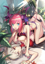 Rule 34 | 10s, 2girls, :d, all fours, ass, bad id, bad pixiv id, beach, bikini, blue eyes, blush, bracelet, breasts, butt crack, carmilla (fate), carmilla (summertime mistress) (fate), closed mouth, elizabeth bathory (fate), elizabeth bathory (fate/extra ccc), fate/extra, fate/extra ccc, fate/grand order, fate (series), front-tie bikini top, front-tie top, girl on top, grey hair, highres, horns, jewelry, kzhu, large breasts, light rays, long hair, looking at viewer, lying, medium breasts, multiple girls, nature, on back, open mouth, outdoors, pink hair, plant, pointy ears, polka dot, polka dot bikini, purple bikini, red bikini, side-tie bikini bottom, smile, sunbeam, sunlight, swimsuit, tail, tail wrap, yellow eyes