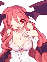 Rule 34 | 1girl, ;d, bare shoulders, blush, bra, breasts, cleavage, collarbone, demon girl, demon wings, fang, full-face blush, head wings, koakuma, kuresento, large breasts, lipstick, long hair, long sleeves, looking at viewer, makeup, nail polish, off shoulder, one eye closed, open clothes, open mouth, open shirt, pink bra, pink lips, pink nails, red eyes, red hair, shirt, simple background, smile, solo, strap slip, sweat, touhou, underwear, upper body, very long hair, white background, wings