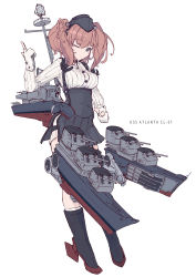 Rule 34 | absurdres, anchor hair ornament, anti-aircraft, anti-aircraft gun, atlanta (kancolle), black footwear, black hat, black skirt, boots, bra visible through clothes, breasts, brown hair, cannon, dress shirt, earrings, full body, garrison cap, garter straps, gloves, grey eyes, hair between eyes, hair ornament, hat, high-waist skirt, highres, jewelry, kantai collection, large breasts, long hair, long sleeves, machinery, mast, minosu, partially fingerless gloves, rigging, rudder footwear, shirt, single earring, skirt, smokestack, star (symbol), star earrings, suspender skirt, suspenders, thigh strap, turret, two side up, white gloves, white shirt