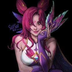 Rule 34 | 1girl, animal ears, artist name, black background, breasts, cape, head rest, elbow gloves, feathers, gem, gloves, hair between eyes, highres, holding, holding feather, large breasts, league of legends, lips, long hair, looking at viewer, making-of available, nose, partially fingerless gloves, pink eyes, pink hair, purple gloves, sitting, sleeveless, smile, solo, star guardian xayah, suisui again, twitter username, xayah