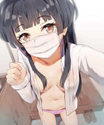 Rule 34 | 1girl, areola slip, blunt bangs, breasts, commentary request, highres, idolmaster, idolmaster shiny colors, looking at viewer, mask, mayuzumi fuyuko, mouth mask, no bra, no pants, open clothes, open shirt, panties, pink panties, reaching, reaching towards viewer, seneto, shirt, small breasts, solo, standing, surgical mask, underwear, white shirt, wooden floor