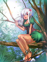 Rule 34 | 1girl, :d, ajishio, ankle lace-up, breasts, cleavage, cleavage cutout, clothing cutout, cross-laced footwear, dark-skinned female, dark skin, day, dress, elf, feet, flower, hair flower, hair ornament, in tree, leaf, lens flare, long hair, open mouth, original, outdoors, pointy ears, red eyes, sandals, sitting, sitting in tree, sky, smile, solo, sun, toes, tree, waving, white hair