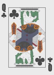 Rule 34 | 1girl, asymmetrical hair, blue vest, bolos, buttons, card, club (shape), enma (mythology), epaulettes, frilled hat, frills, green hair, hair between eyes, hat, long sleeves, playing card, queen (playing card), queen of clubs, rod of remorse, shiki eiki, shirt, short hair, touhou, vest, white shirt, wide sleeves