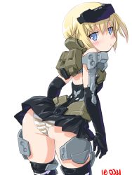 Rule 34 | 10s, 1girl, ass, bad id, bad pixiv id, bare shoulders, black gloves, black skirt, black thighhighs, blonde hair, blue eyes, blush, dd (ijigendd), elbow gloves, eyebrows, frame arms girl, from behind, gloves, gourai, headgear, leaning forward, looking back, mecha musume, miniskirt, numbered, panties, short hair, simple background, skirt, solo, striped clothes, striped panties, thighhighs, underwear, white background