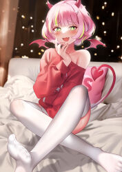 Rule 34 | 1girl, blonde hair, character request, demon tail, fang, feet, green eyes, highres, horns, indoors, legs, long sleeves, looking at viewer, multicolored hair, no shoes, on bed, pillow, pink hair, red horns, red shirt, shirosaba, shirt, sitting, skin fang, soles, solo, streaked hair, symbol-shaped pupils, tail, thighhighs, toes, white thighhighs, wings