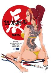 Rule 34 | 2024, arrow (projectile), ass, back tattoo, barefoot, bikini, bow (weapon), butt crack, chinese zodiac, commentary request, dragon tattoo, from behind, full body, high ponytail, kiyo (joe), original, ponytail, red hair, soles, swimsuit, tattoo, toes, translation request, weapon, white background, year of the dragon, yellow bikini