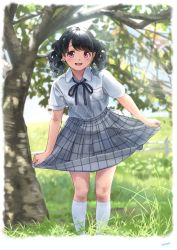 Rule 34 | 1girl, :d, bashosho, black hair, black ribbon, blurry, blurry background, blush, commentary request, field, fukumaru koito, grass, highres, idolmaster, idolmaster shiny colors, kneehighs, looking at viewer, neck ribbon, open mouth, outdoors, plaid, plaid skirt, pleated skirt, red eyes, ribbon, school uniform, skirt, skirt hold, smile, socks, solo, sunlight, tree, twintails, wavy hair, white socks
