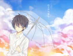 Rule 34 | 1boy, black hair, blue sky, closed eyes, closed mouth, cloud, cloudy sky, collarbone, collared shirt, commentary, day, expressionless, facing viewer, hair between eyes, holding, holding umbrella, long sleeves, male focus, miyagi2627, multicolored sky, niconico, open collar, orange sky, outdoors, pink sky, shirt, short hair, sky, solo, soraru, transparent, transparent umbrella, umbrella, upper body, utaite, white shirt