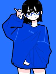 Rule 34 | 1girl, black eyes, black hair, blue background, blue nails, blue sweater, blunt bangs, claw pose, closed mouth, commentary, cowboy shot, daikei 625, double-parted bangs, fingernails, glasses, hand up, head tilt, highres, long sleeves, looking at viewer, nail polish, no pants, original, puffy long sleeves, puffy sleeves, semi-rimless eyewear, short hair, simple background, smile, solo, standing, sweater, under-rim eyewear
