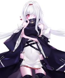 Rule 34 | 1girl, arm strap, azur lane, bad id, bad pixiv id, bare shoulders, belt, belt buckle, blush, breasts, buckle, coat, colorado (azur lane), detached sleeves, dress, hair over one eye, hairband, hand on own cheek, hand on own face, hands up, heart, heart-shaped pupils, highres, large breasts, long hair, looking at viewer, multiple straps, red eyes, red hairband, riru (pixiv 9918114), sideboob, sidelocks, simple background, skirt, sleeveless, sleeveless dress, solo, symbol-shaped pupils, thighhighs, white background, white hair, zettai ryouiki