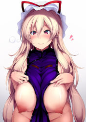 Rule 34 | 1girl, bare shoulders, blonde hair, blush, breasts, breasts out, commentary request, cowboy shot, gradient background, grey background, groin, hair between eyes, hat, hat ribbon, huge breasts, long hair, looking at viewer, mob cap, naked tabard, nipples, nose blush, opanchu (hakusen), red eyes, red ribbon, ribbon, smile, solo, sweat, tabard, touhou, very long hair, white background, white hat, yakumo yukari