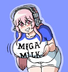 Rule 34 | 1girl, blush, grabbing another&#039;s breast, breasts squeezed together, breasts, clothes writing, grabbing, grin, headphones, large breasts, leaning forward, long hair, looking at viewer, mega milk, meme attire, nitroplus, parody, pink hair, raglan sleeves, red eyes, shorts, smile, solo, super sonico