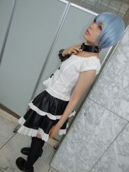 Rule 34 | 1girl, alternate costume, asian, ayanami rei, black footwear, black skirt, black thighhighs, blue hair, breasts, collar, color contacts, cosplay, dutch angle, frilled skirt, frills, full body, goth fashion, indoors, lace, leash, looking up, makeup, mascara, miniskirt, namada, neon genesis evangelion, photo (medium), pigeon-toed, red eyes, short hair, skirt, small breasts, solo, standing, thighhighs, zettai ryouiki