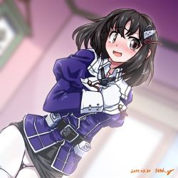 Rule 34 | 1girl, 547th sy, artist name, black hair, black skirt, blurry, blush, brown eyes, commentary request, cowboy shot, dated, depth of field, dutch angle, gloves, gluteal fold, haguro (kancolle), haguro kai ni (kancolle), hair ornament, highres, indoors, kantai collection, looking at viewer, military, military uniform, nose blush, pantyhose, pencil skirt, short hair, skirt, solo, uniform, white gloves, white pantyhose, window