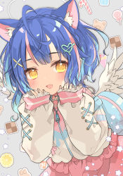 Rule 34 | 1girl, :d, ahoge, amamiya kokoro, amamiya kokoro (4th costume), animal ear fluff, animal ears, backpack, bag, blue hair, blush, braid, cat ears, commentary request, crown braid, fang, feathered wings, grey background, hair ornament, hairclip, hands up, heart, heart hair ornament, highres, jacket, kamiyoshi rika, long sleeves, looking at viewer, multicolored hair, nijisanji, open mouth, pink hair, pink skirt, puffy long sleeves, puffy sleeves, simple background, skirt, sleeves past wrists, smile, solo, streaked hair, virtual youtuber, white jacket, white wings, wings, x hair ornament, yellow eyes