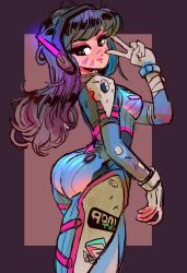 Rule 34 | 1girl, absurdres, ass, bodysuit, breasts, brown hair, commentary, d.va (overwatch), eyeshadow, facial mark, headset, highres, lipstick, long hair, looking back, makeup, medium breasts, overwatch, overwatch 1, paid reward available, patreon username, pilot suit, ribbed bodysuit, skin tight, solo, toonimated, v, whisker markings