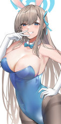 Rule 34 | 1girl, animal ears, asuna (blue archive), asuna (bunny) (blue archive), bare shoulders, black pantyhose, blue archive, blue bow, blue bowtie, blue eyes, blue leotard, blush, bow, bowtie, breasts, brown hair, cleavage, covered navel, detached collar, elbow gloves, gloves, grin, hair ornament, halo, hand on own hip, hand up, highres, large breasts, leotard, long hair, looking at viewer, mole, mole on breast, oidoden2535, pantyhose, playboy bunny, rabbit ears, simple background, smile, solo, teeth, v, white background, white gloves