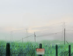 Rule 34 | barbed wire, cloud, cloudy sky, commentary request, day, fence, field, fog, grass, grey sky, hade na kangofu, no humans, original, outdoors, plant, power lines, rural, scenery, sign, sky, sunlight, translation request, transmission tower, utility pole